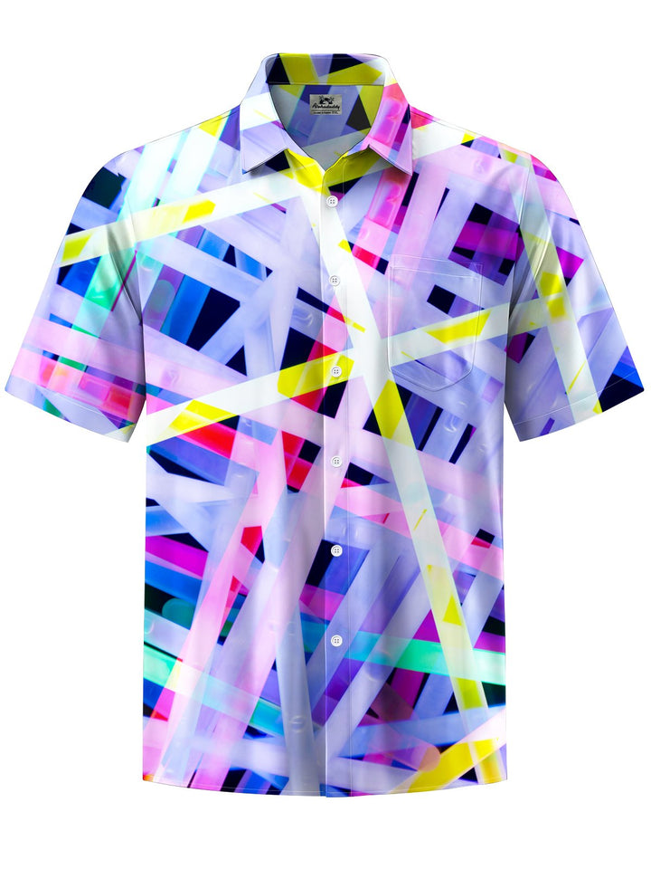 Alohadaddy® Casual Geometric Stripe Art Print Chest Pocket Men&