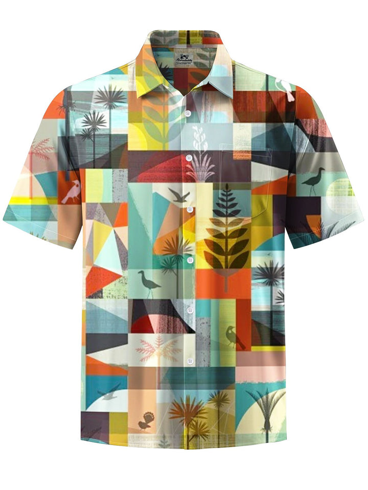 Alohadaddy® Retro Geometric Art Print Chest Pocket Stretch Men&