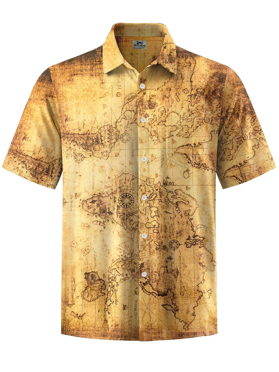 Alohadaddy® Vintage Map Art Print Chest Pocket Stretch Men&