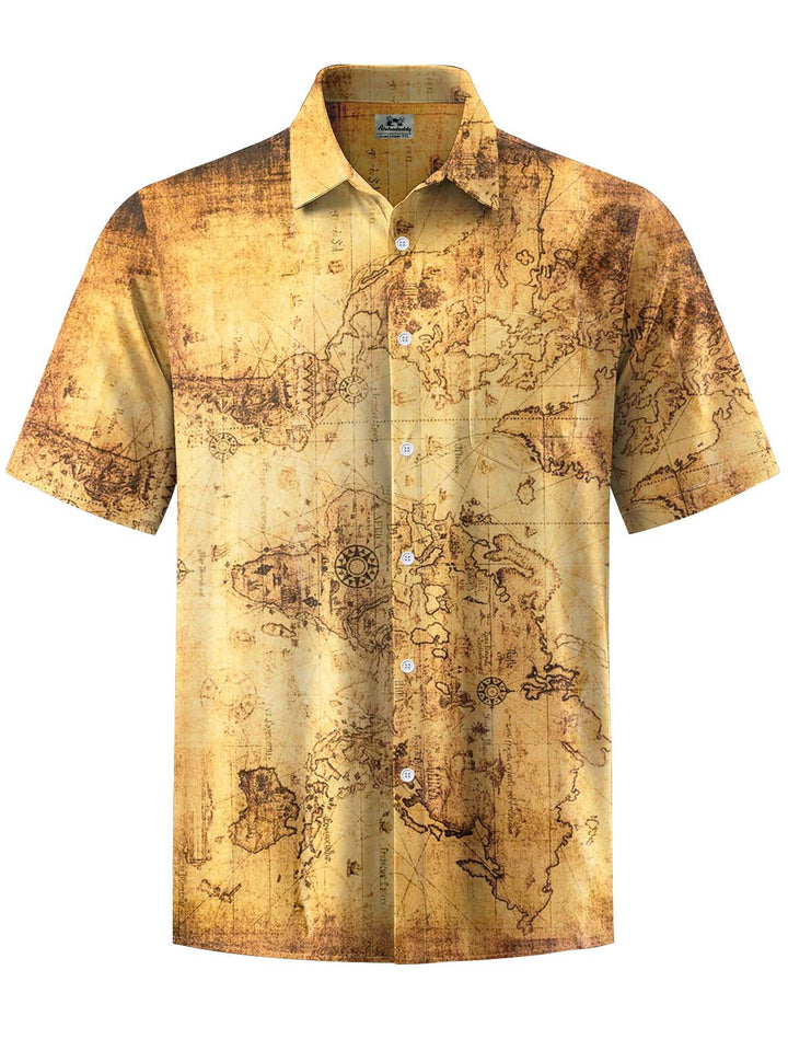 Alohadaddy® Vintage Map Art Print Chest Pocket Stretch Men&
