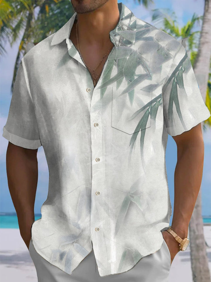 Alohadaddy® Casual Bamboo Leaf Watercolor Print Button Pocket Stretch Men&