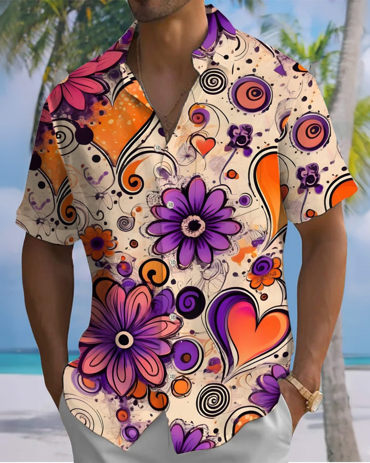 Alohadaddy® Vintage Flower Graffiti Print Pocket Button Men's Short Sleeve Shirt Big & Tall