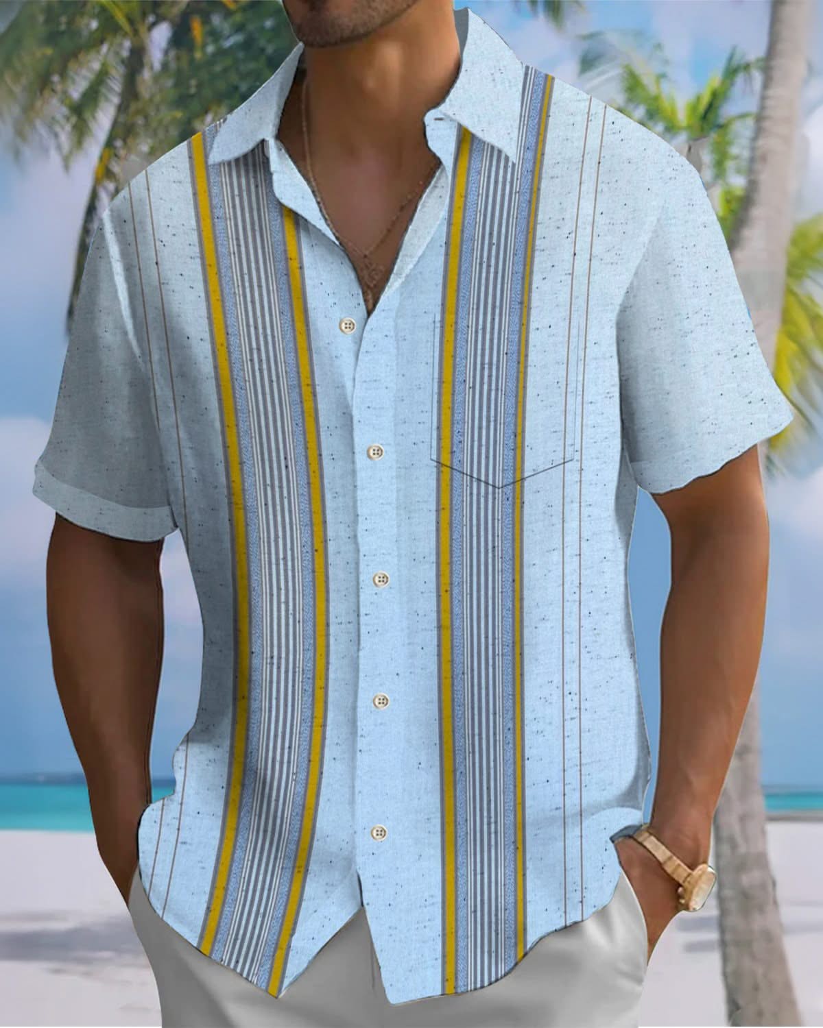 Alohadaddy® Vintage Striped Print Art Pocket Button Men's Short Sleeve Shirt Big & Tall