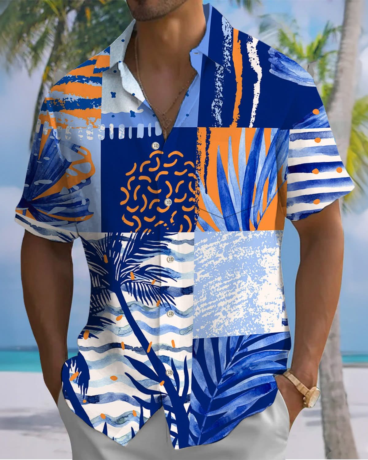 Alohadaddy® Hawaiian Palm Tree Geometric Print Art Pocket Button Stretch Men's Short Sleeve Shirt Big & Tall