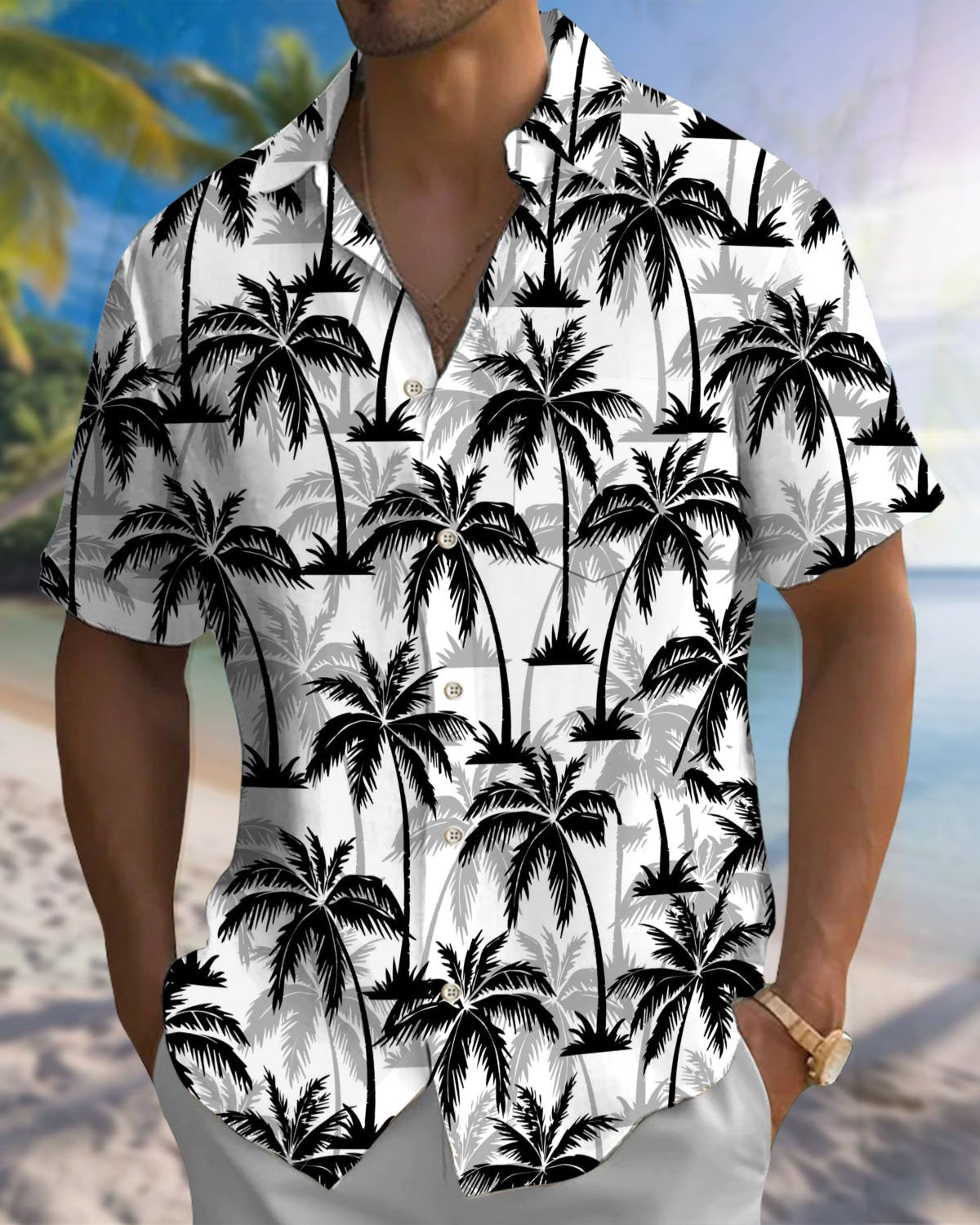 Alohadaddy® Hawaiian Palm Tree Print Art Button Stretch Pocket Men's Short Sleeve Shirt Big & Tall
