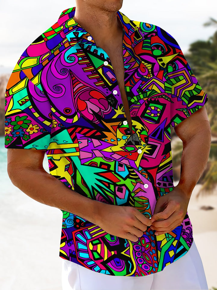 Alohadaddy Leisure Series Graffiti Street Daily Cool Feeling Print Art Pocket Cardigan Button Polyester Stretch Short Sleeve Shirt