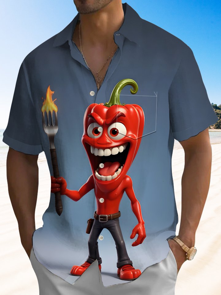 Alohadaddy Casual Cartoon Chili Pepper Print Art Button Cardigan Pockets Breathable Soft Long Large Size Short Sleeve Shirt
