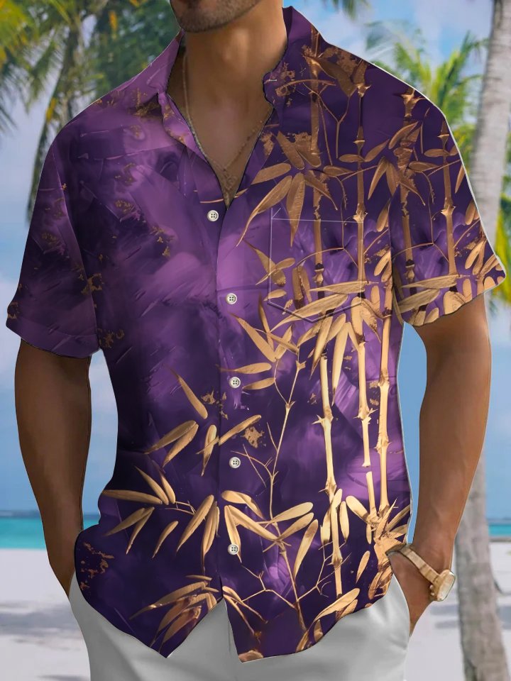 Alohadaddy Hawaiian Everyday Bamboo Print Art Button Pocket Cardigan Stretch Large Size Short Sleeve Shirt