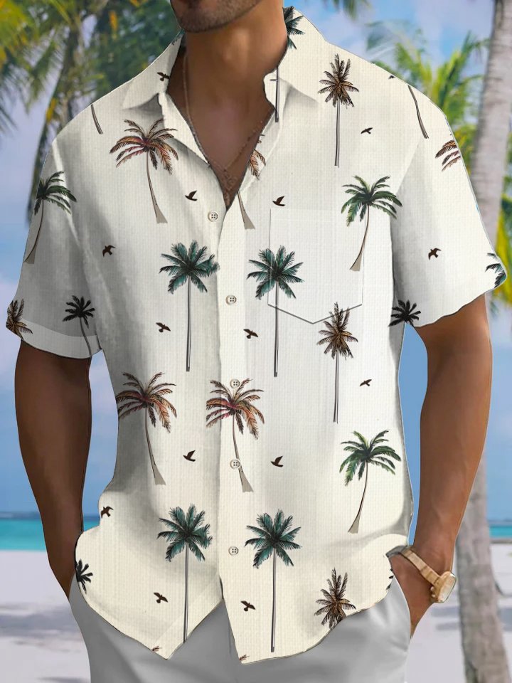 Alohadaddy Casual Collection Palm Tree Button Cardigan Pockets Fresh Stretch Polyester Short Sleeve Shirt