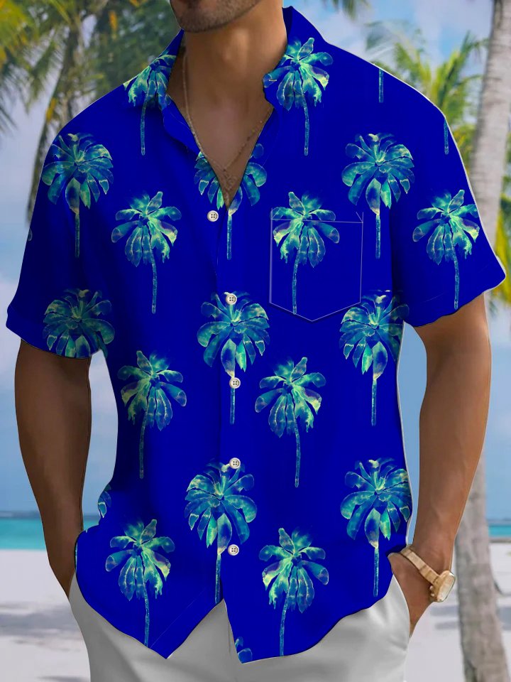 Alohadaddy Casual Everyday Hawaii Palm Trees Arrangement Print Art Polyester Pocket Cardigan Stretch Long Oversized Short Sleeve Shirt