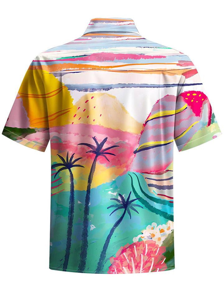 Alohadaddy® Hawaiian Painting Palm Trees Print Art Chest Pocket Mens Short Sleeve Shirt Big &amp; Tall