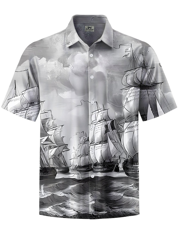 Alohadaddy® Casual Sailing Sailboat Printed Chest Pocket Men&