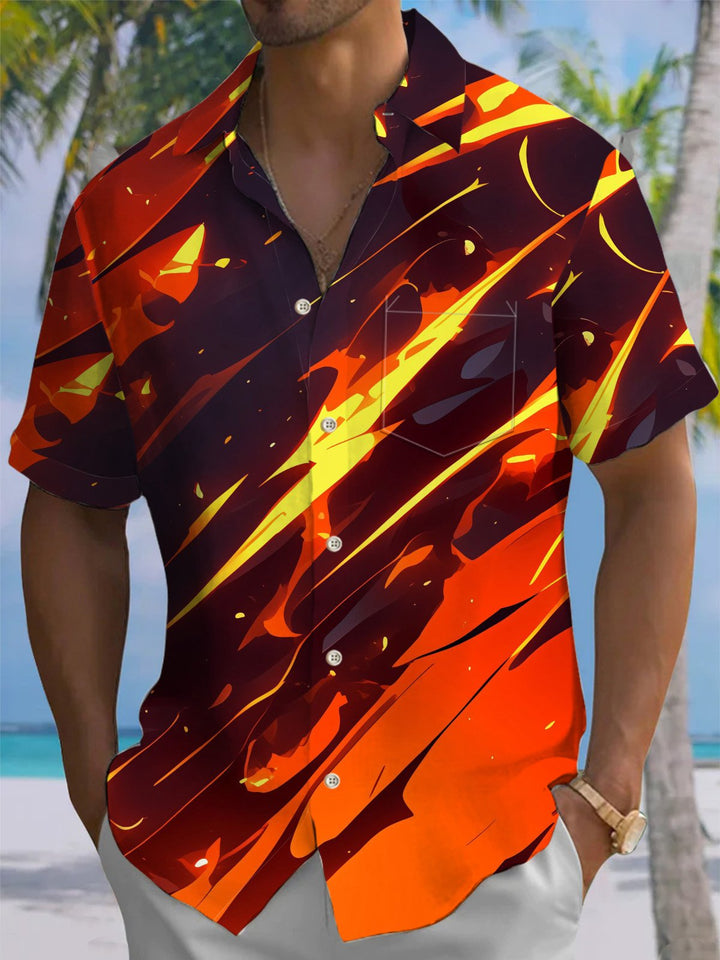 Alohadaddy® Casual Flame Art Print Chest Pocket Stretch Men&