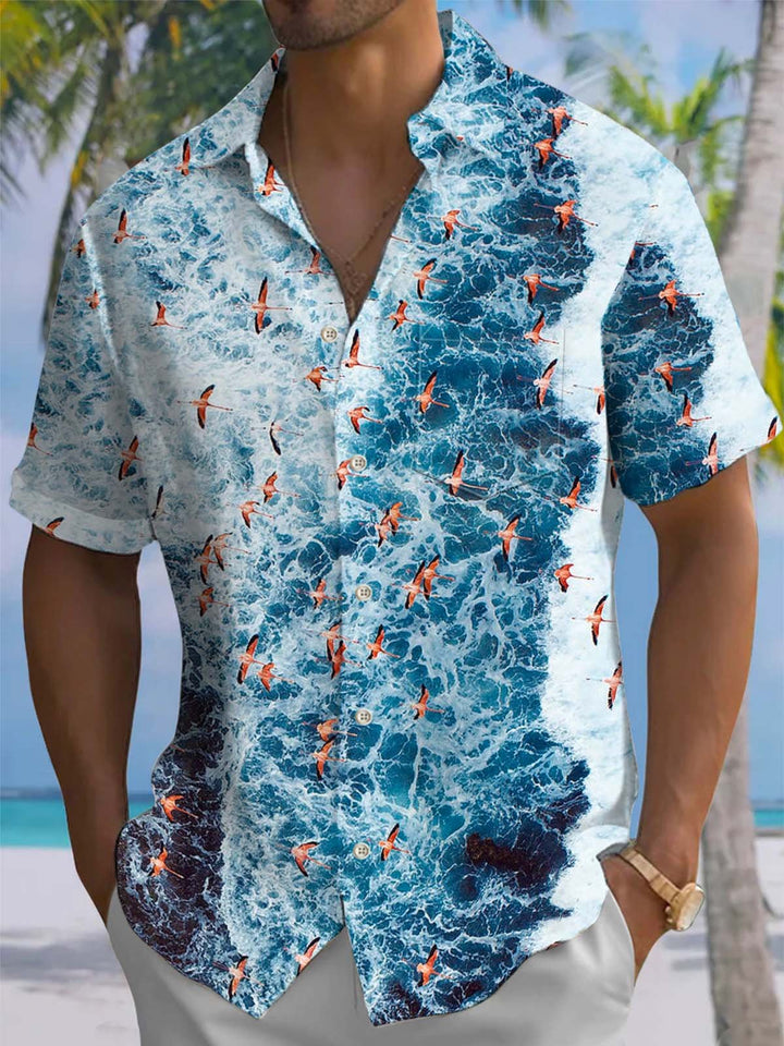 Alohadaddy® Hawaiian Flamingo Wave Print Art Pocket Elastic Men&