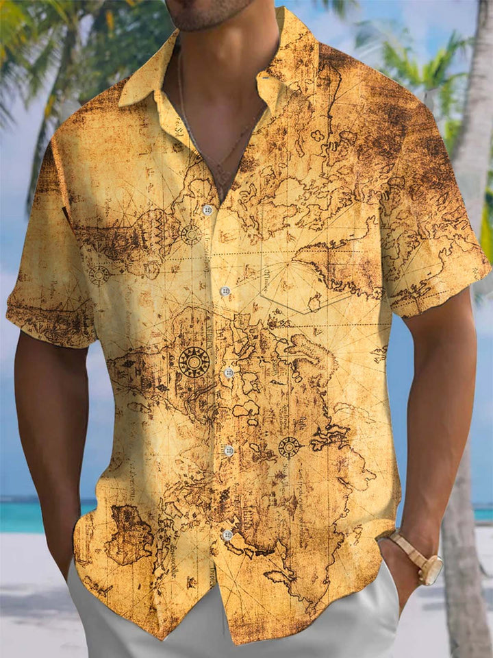 Alohadaddy® Vintage Map Art Print Chest Pocket Stretch Men&