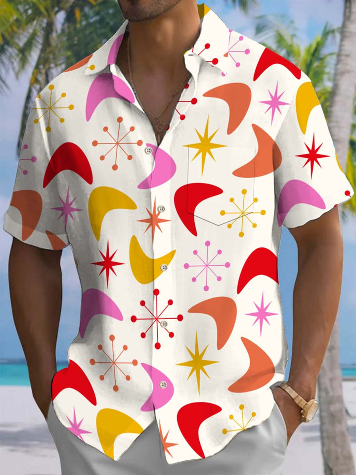 Alohadaddy® Casual Geometric Art Print Chest Pocket Stretch Men&