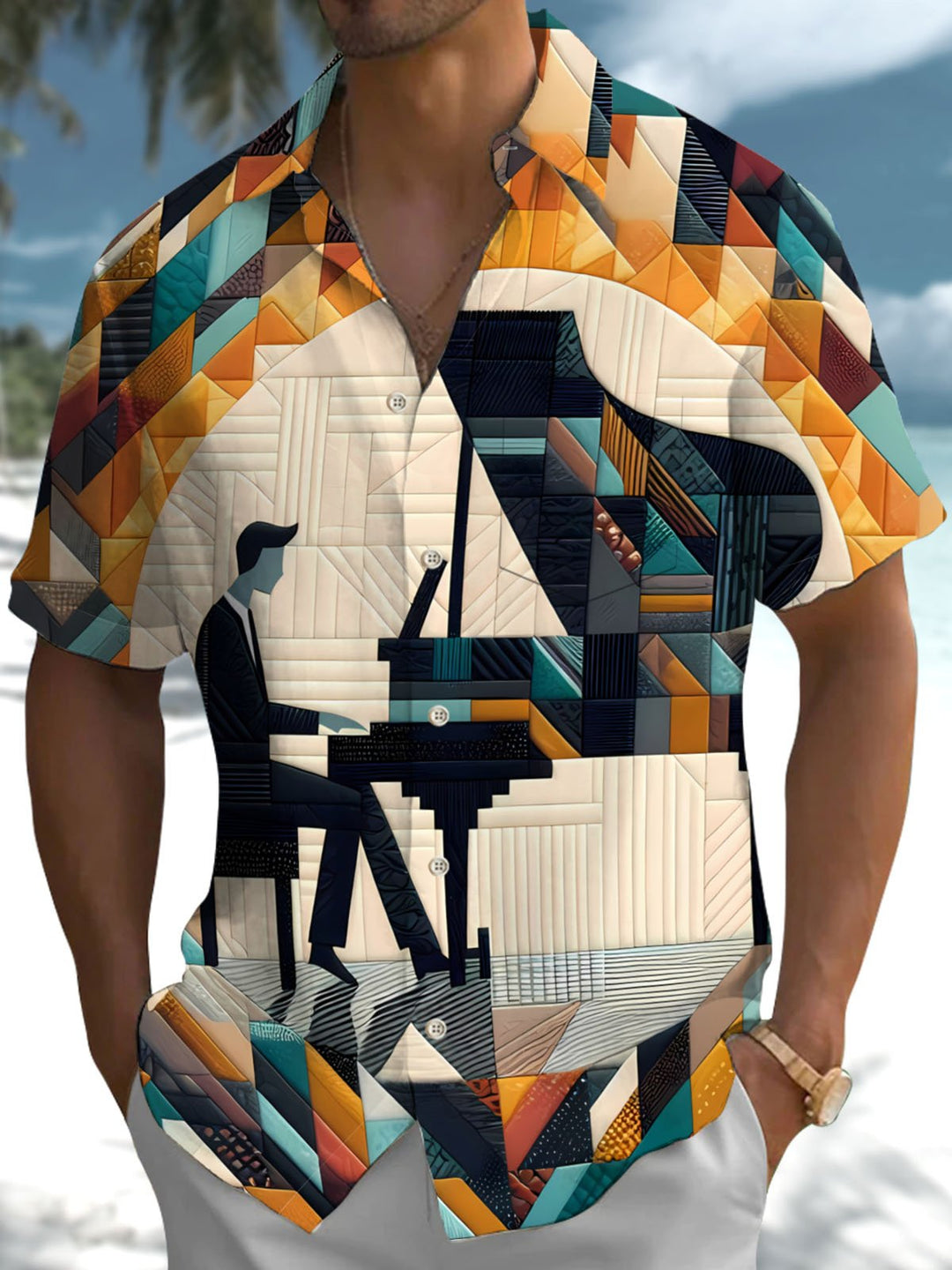Alohadaddy® Vintage Geometric Piano Art Print Pocket Stretch Men&