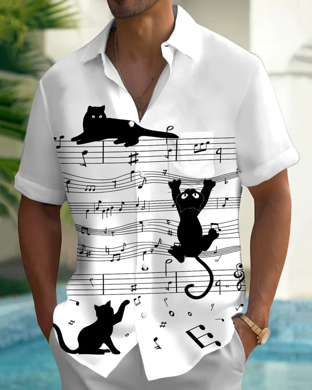 Alohadaddy® Casual Graffiti Cat Print Art Pocket Button Stretch Men&