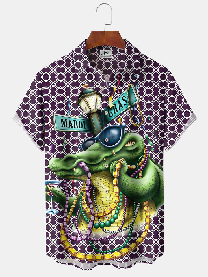 Alohadaddy Holiday Vintage Mardi Gras Geometric Crocodile Beaded Mask Shirt