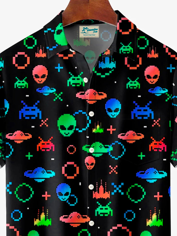 Camisa de manga corta con bolsillo y botones para hombre, con estampado digital 3D de dibujos animados retro de extraterrestres de Alohadaddy, talla grande y alta