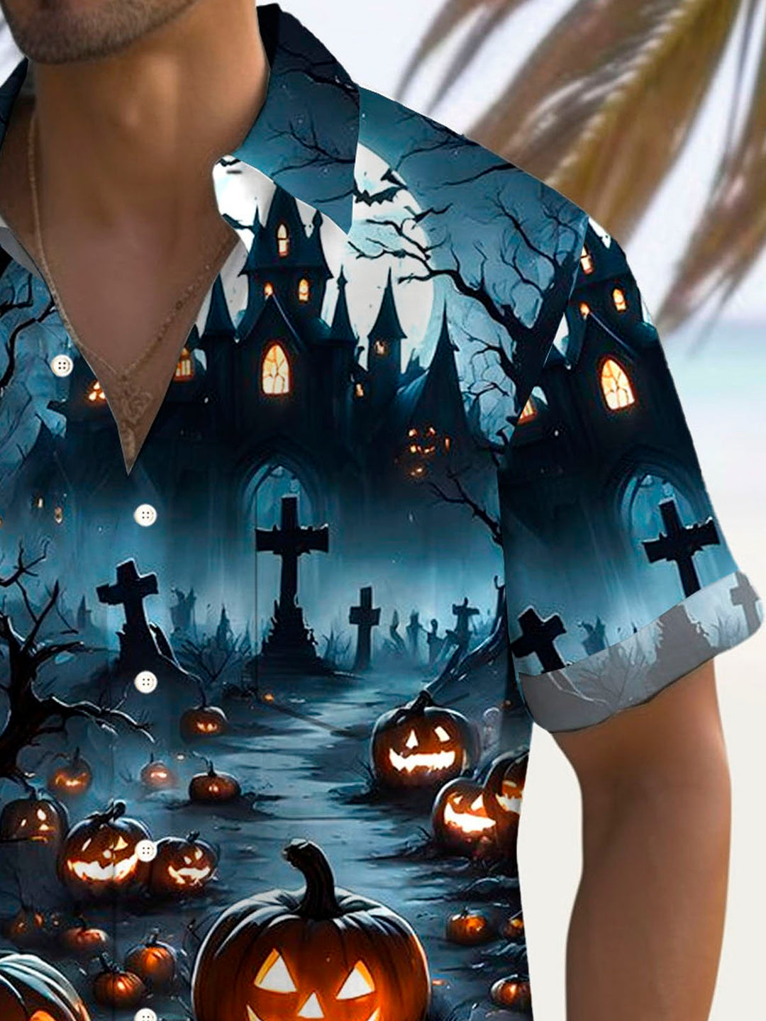 Camisa de manga corta con bolsillo abotonado y estampado digital 3D con degradado de murciélago y calabaza de Halloween de Alohadaddy para hombre, talla grande y alta