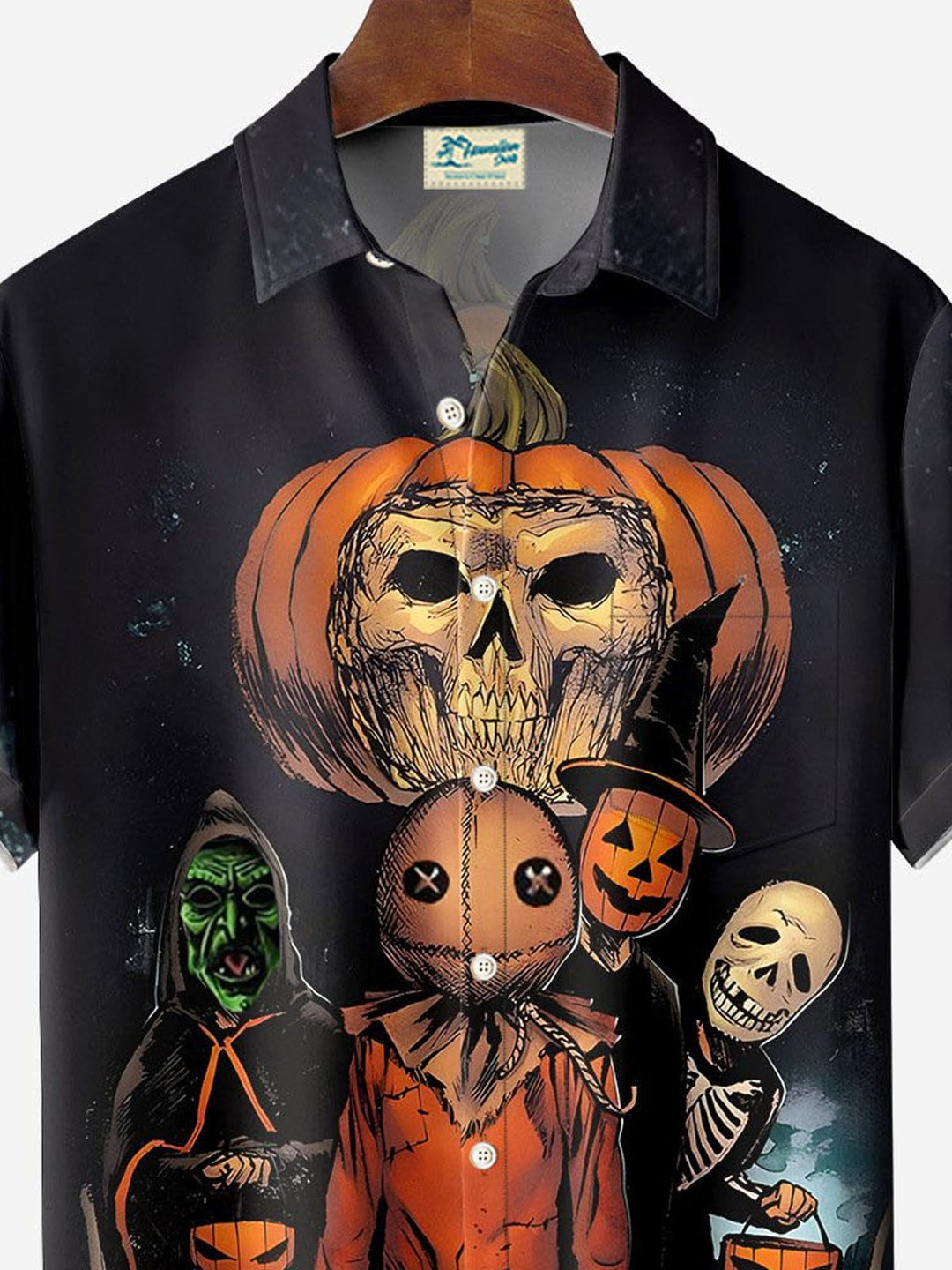Camisa de manga corta con bolsillo y botones para hombre con estampado digital 3D de calavera de película de Halloween de Alohadaddy, talla grande y alta