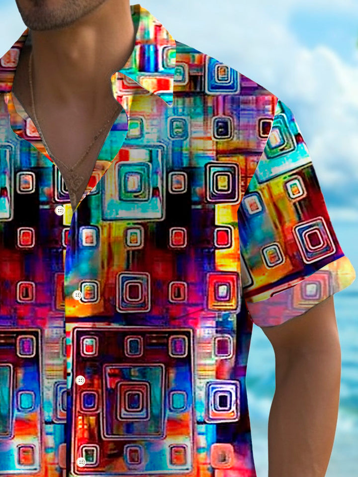 Estampado de arte geométrico vintage Alohadaddy para hombre, manga corta, bolsillo con botones