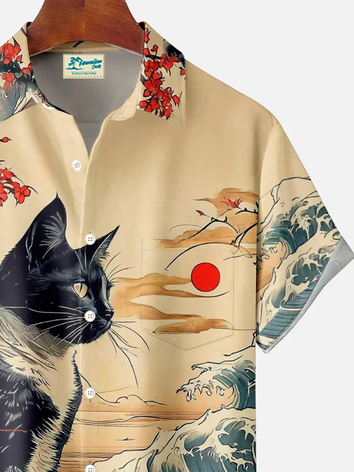 Camisa de manga corta con bolsillos y botones y estampado de gato estilo retro ukiyo-e para hombre de Alohadaddy