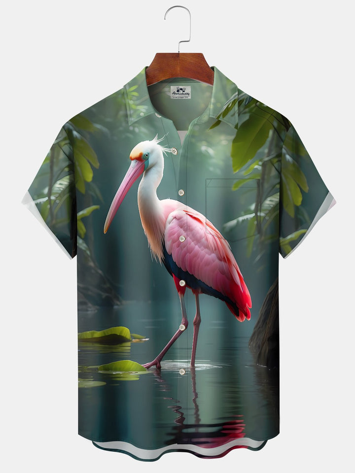 Alohadaddy Hawaii Vacation Tropical 3D Flamingo Print Art Pocket Button Short Sleeve Stretch Casual Shirt