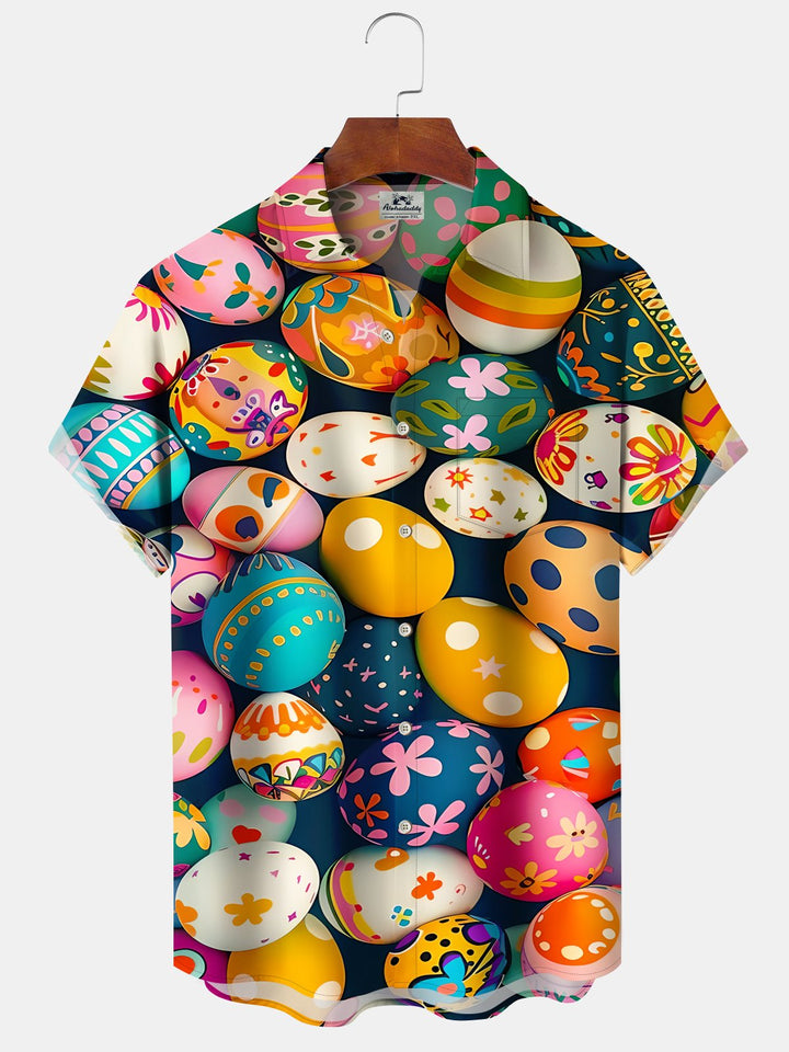 Alohadaddy Easter Egg Print Art Pocket Buttons Plus Size Stretch Shirt