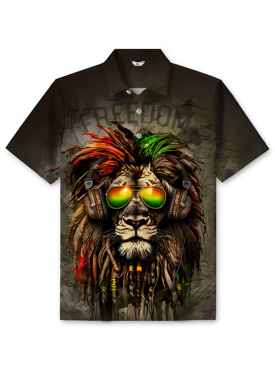 Alohadaddy Casual Daily Lion Rock Print Art Stretch Large Size Button Short Sleeve POLO Shirt