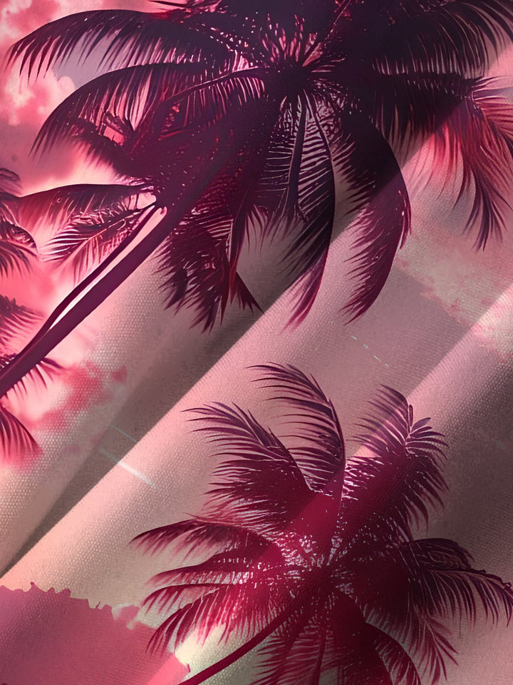 Alohadaddy Casual Everyday Palm Trees Beach Print Art Polyester Stretch Large Size Pocket Short Sleeve Shirt