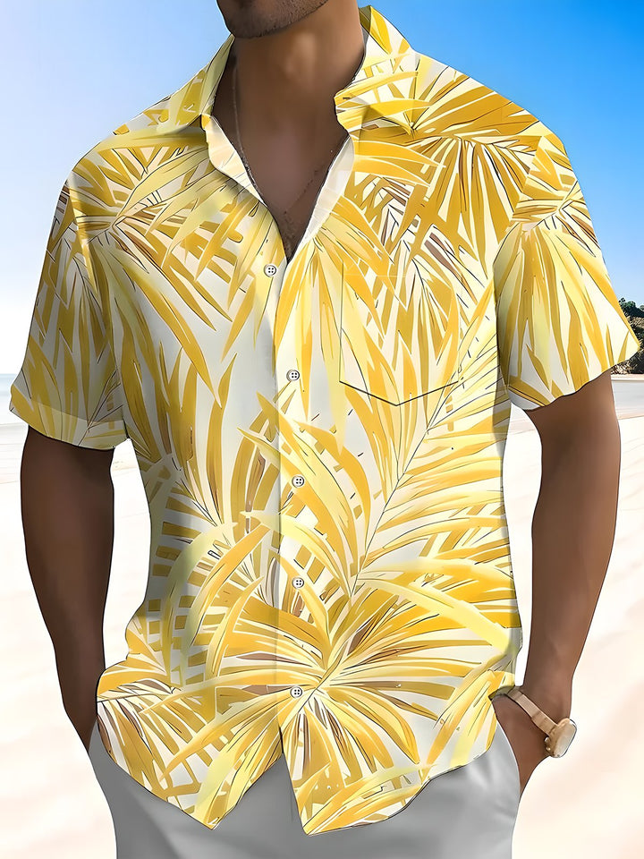 Alohadaddy® Palm Leaf Art Print Chest Pocket Elasticity Hawaiian Short Sleeve Shirt Big &amp; Tall