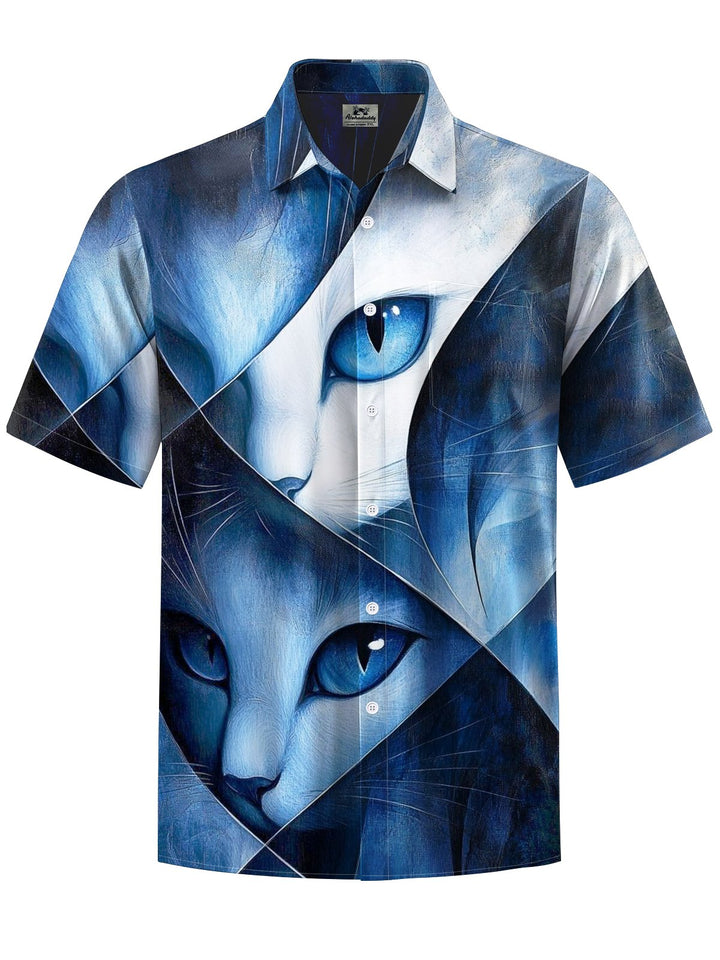 Alohadaddy® Vintage Cat Art Print Chest Pocket Mens Short Sleeve Shirt Big &amp; Tall