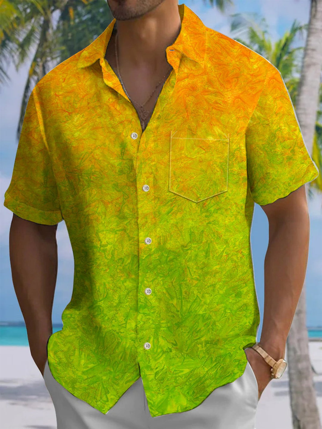 Alohadaddy® Casual Gradient Abstract Print Art Chest Pocket Men Short Sleeve Shirt Big &amp; Tall