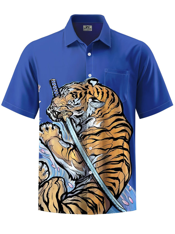 Alohadaddy® Casual Tiger Print Art Chest Pocket Men&