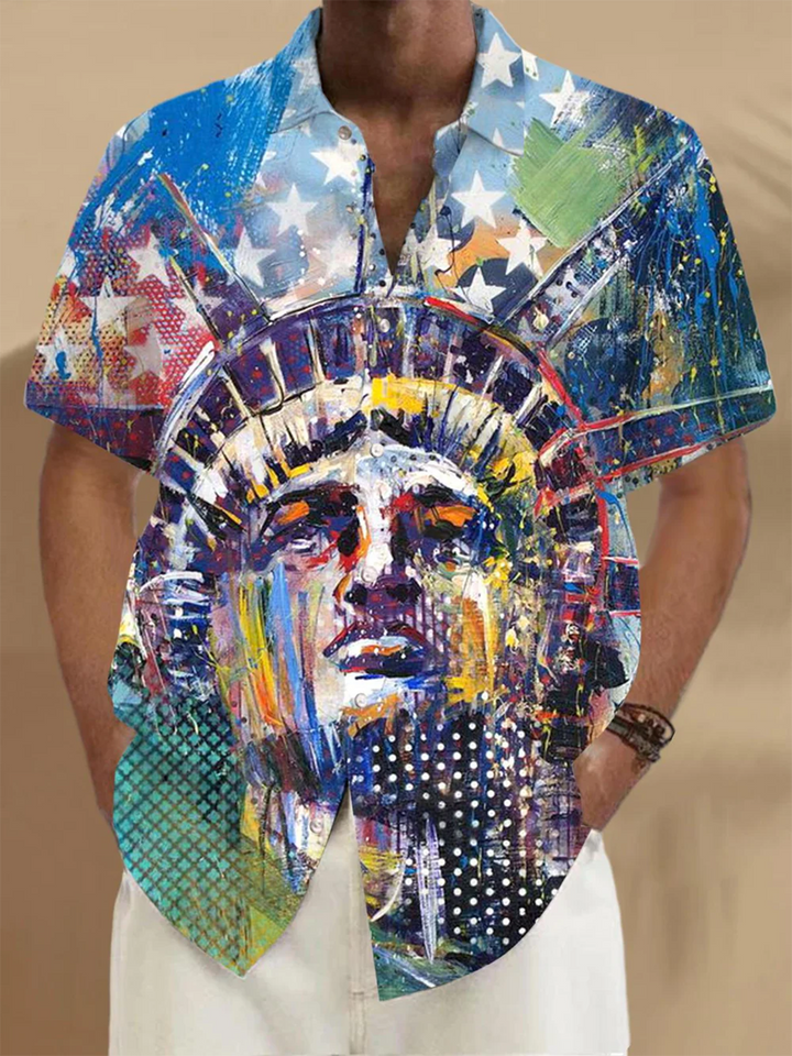 Alohadaddy® Casual Oil Painting Statue of Liberty Print Art Chest Pocket Men&