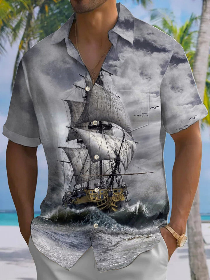 Alohadaddy® Casual Vintage Nautical Sailboat Print Art Chest Pocket Men&