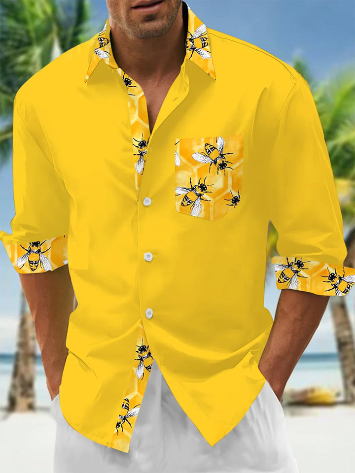 Alohadaddy® Casual Bee Contrast Art Print Mens Long Sleeve Shirt Big &amp; Tall