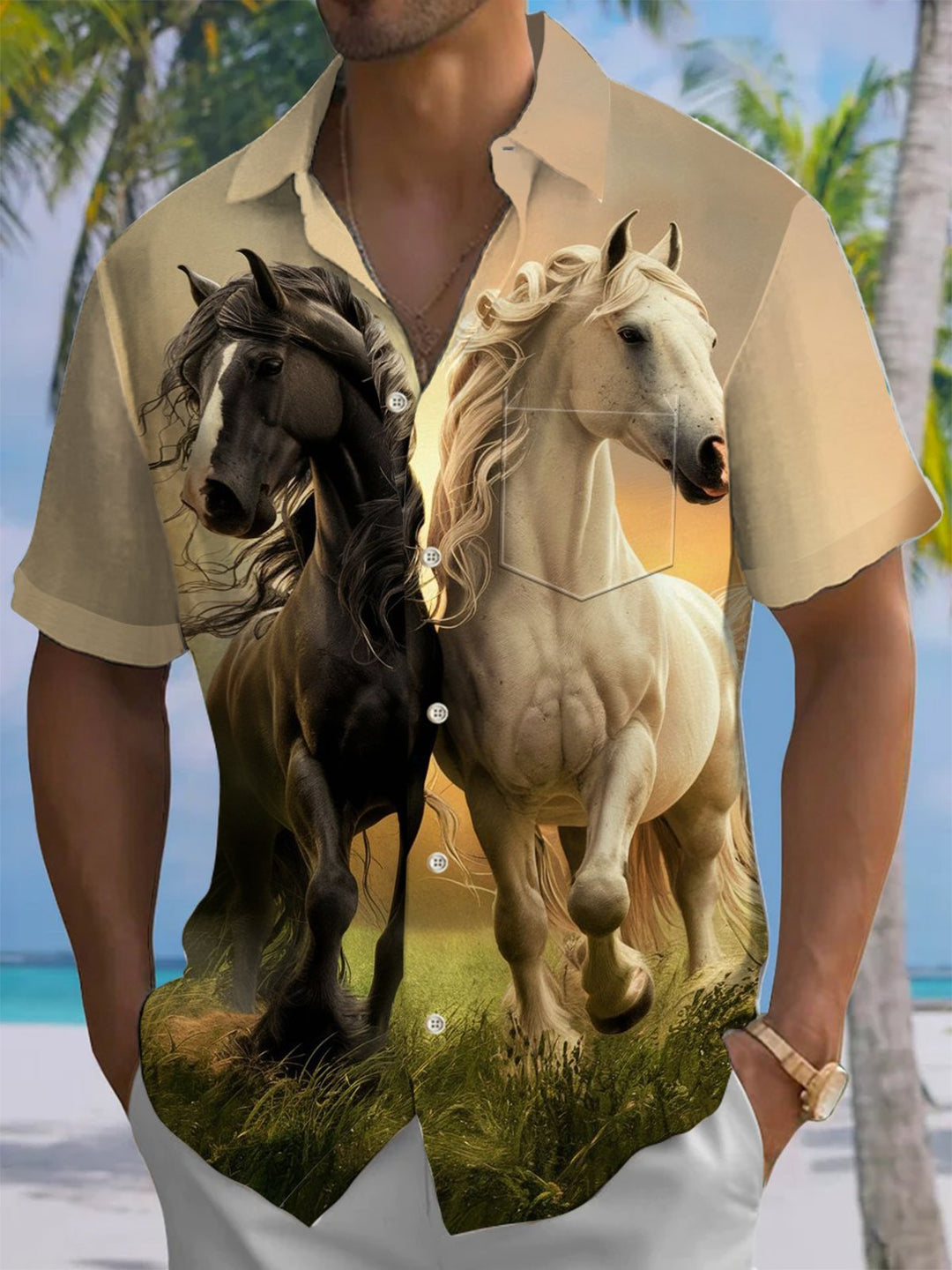 Alohadaddy® Casual Running Horse Print Art Chest Pocket Men&
