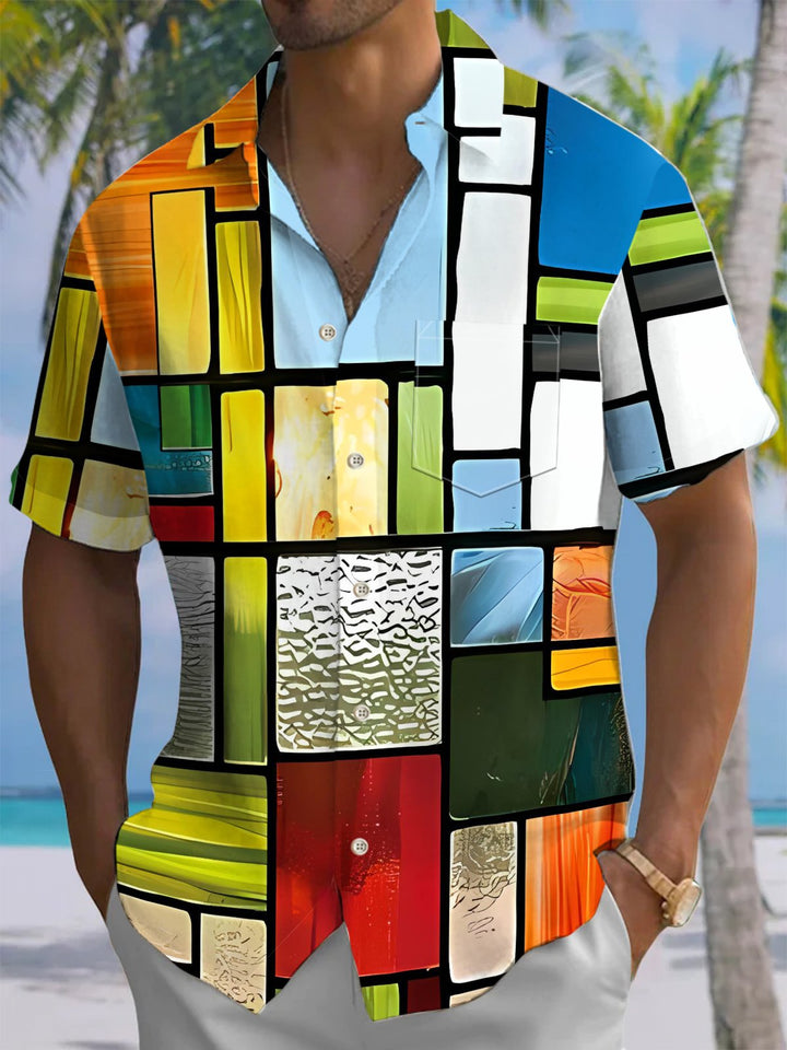 Alohadaddy® Vintage Geometric Art Print Chest Pocket Men&