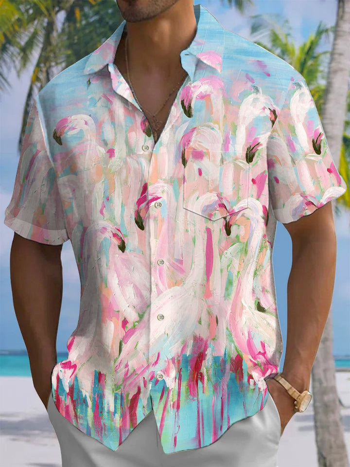 Alohadaddy® Hawaiian Flamingo Painting Art Print with Chest Pocket for Men&