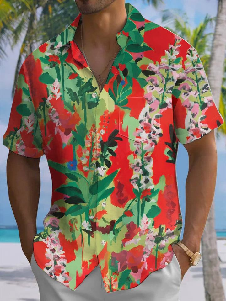 Alohadaddy® Hawaiian Tropical Flower Art Print with Chest Pocket and Elasticity for Men&