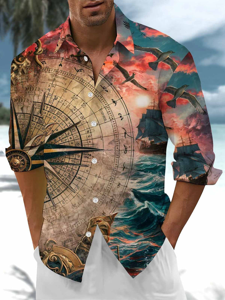 Alohadaddy® Vintage Nautical Compass Print with Chest Pocket for Men&