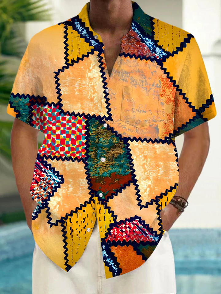 Alohadaddy® Vintage Geometric Art Print Chest Pocket Stretch Men&