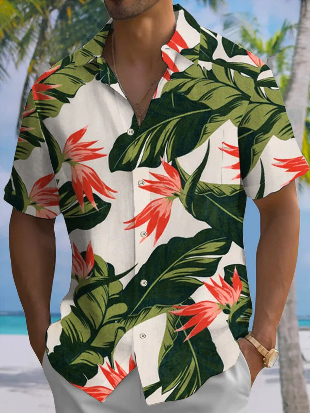 Alohadaddy® Vintage Floral Botanical Print Pocket Button Stretch Men&