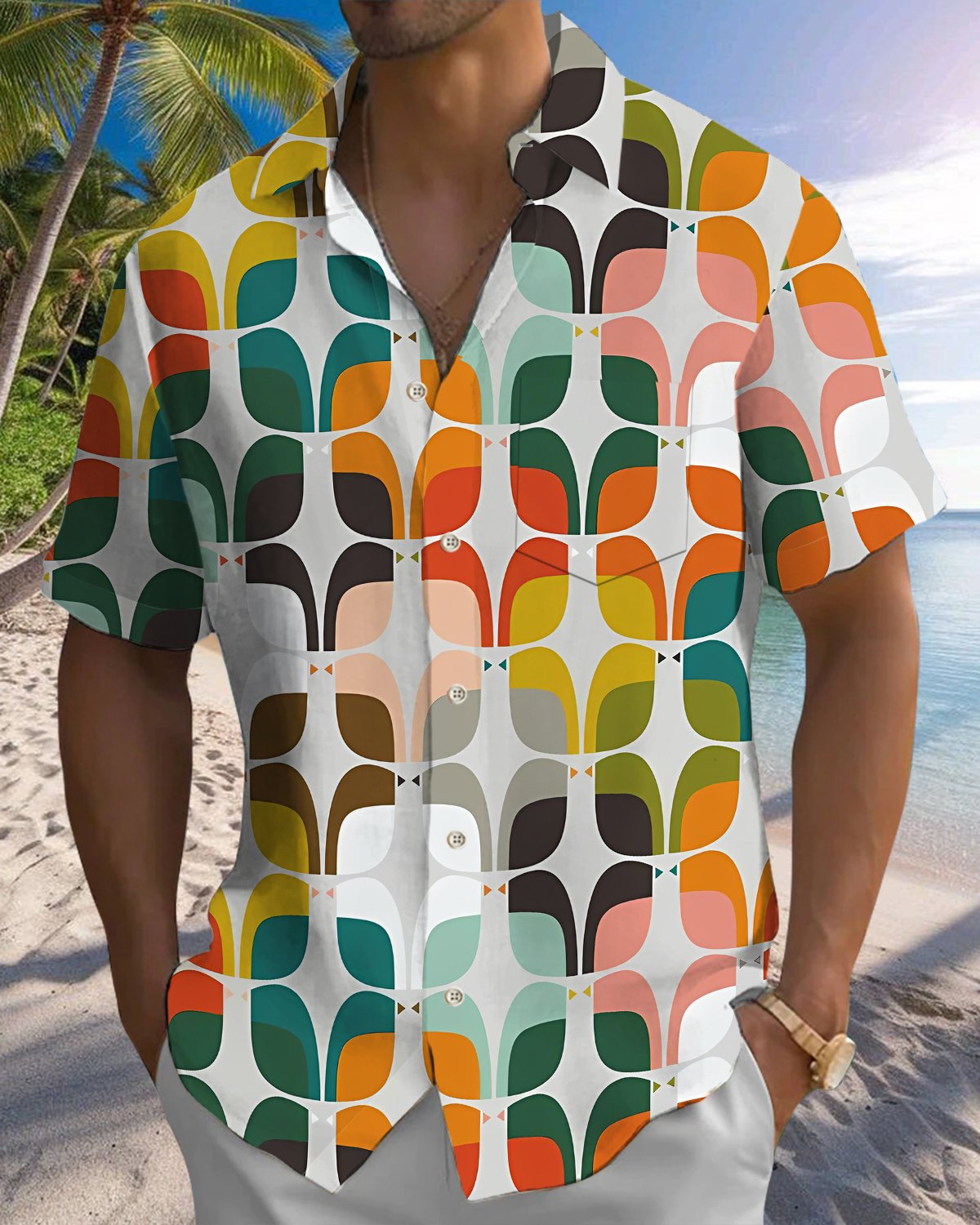 Alohadaddy® Casual Geometric Print Pocket Elastic Button Men's Short Sleeve Shirt Big & Tall