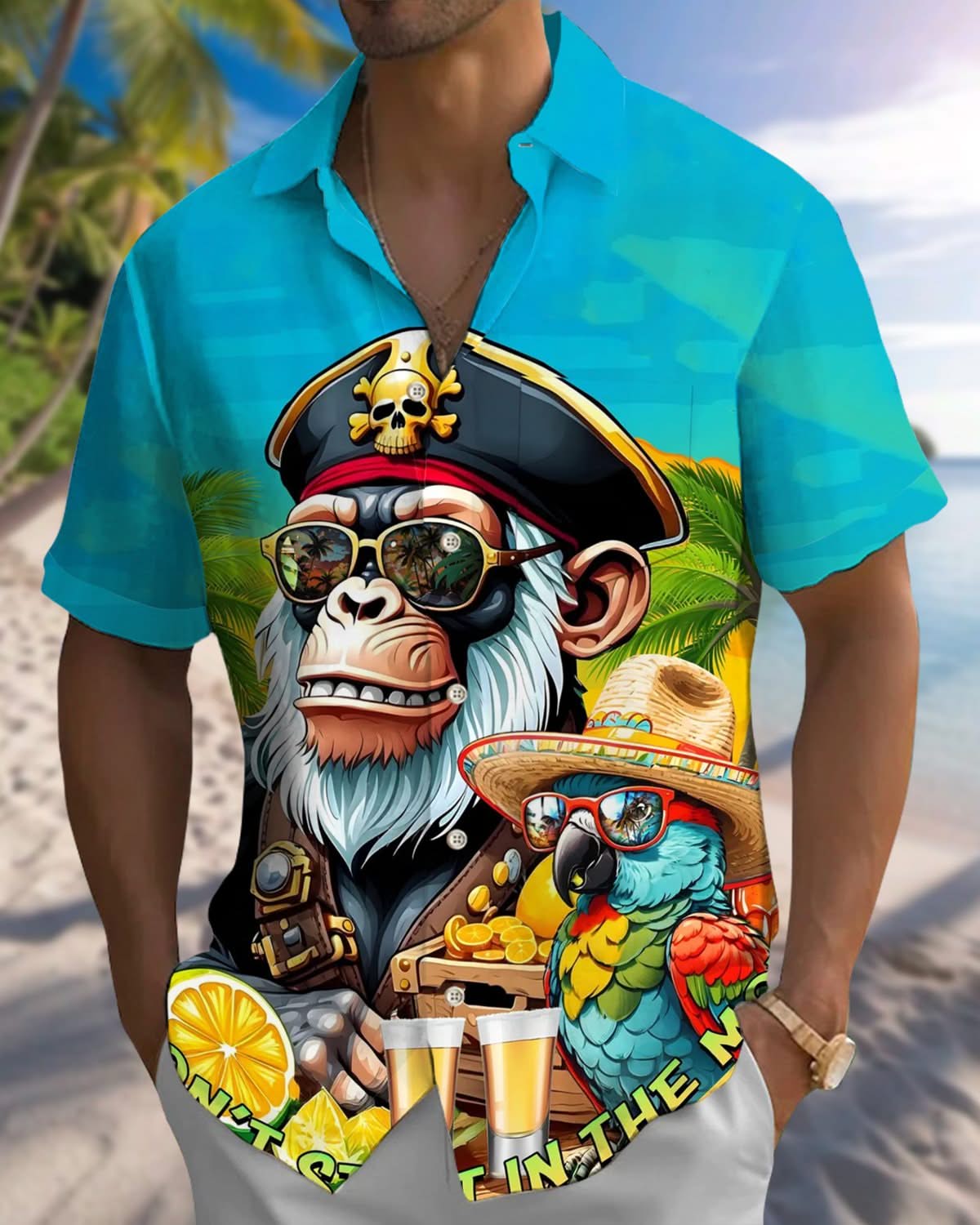 Alohadaddy® Hawaiian Orangutan Parrot Vacation Print Pocket Stretch Men's Short Sleeve Shirt Big & Tall