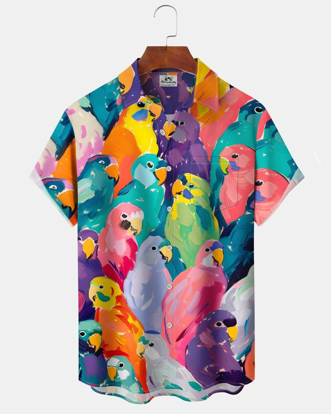 Alohadaddy® Vintage Parrot Oil Painting Print Art Pocket Button Stretch Men&