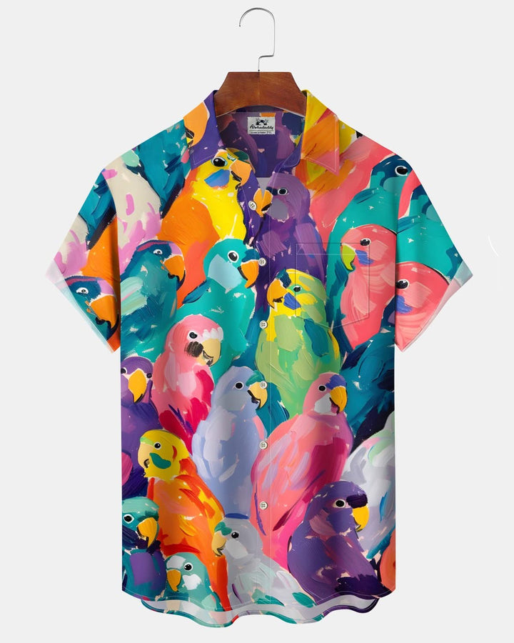 Alohadaddy® Vintage Parrot Oil Painting Print Art Pocket Button Stretch Men&